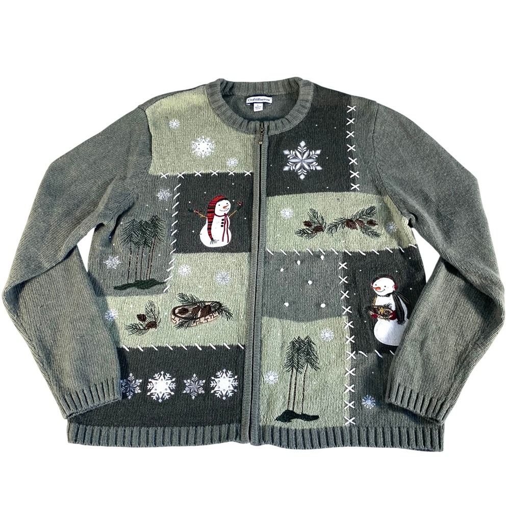 Craft & Barrow Snowman Cardigan Sz L Snowflake Zip Front Holiday 22W x 24.5L